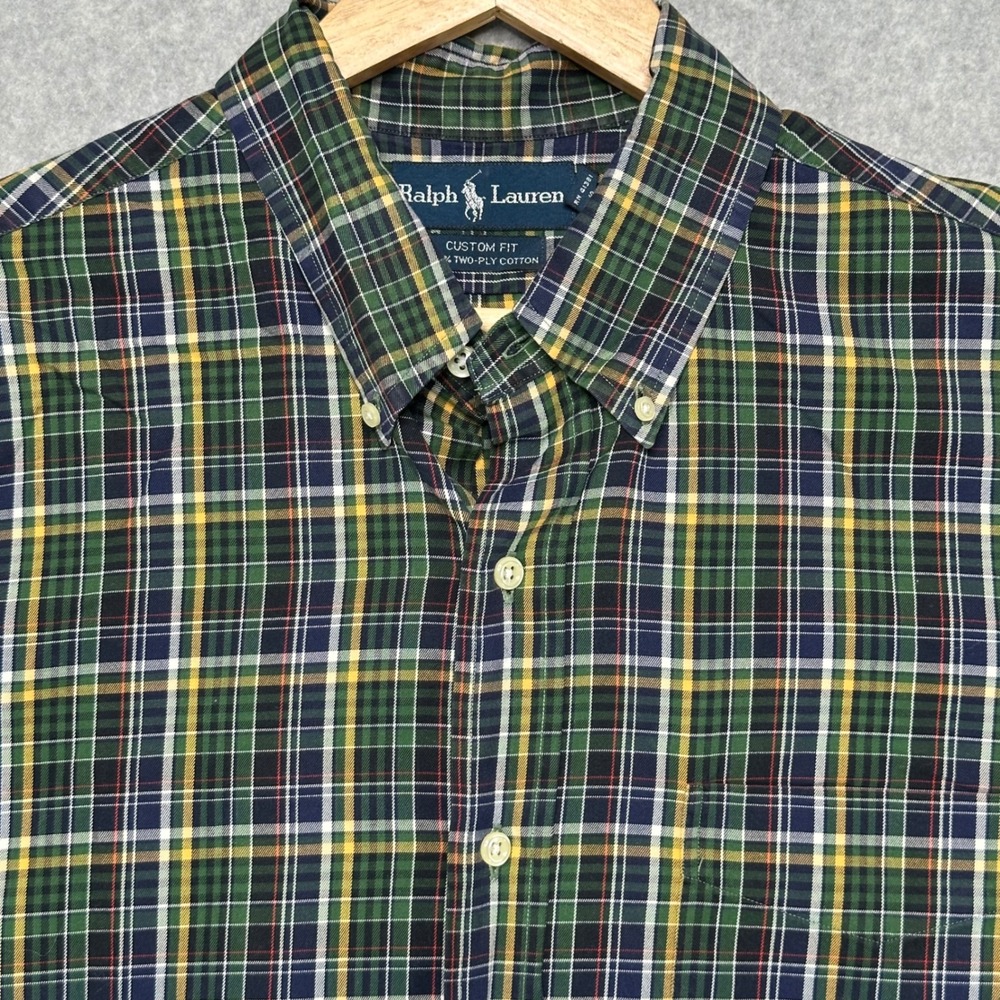 Ralph Lauren Mens XL Custom Fit Plaid Button Down Shirt Green Navy Cotton Tartan